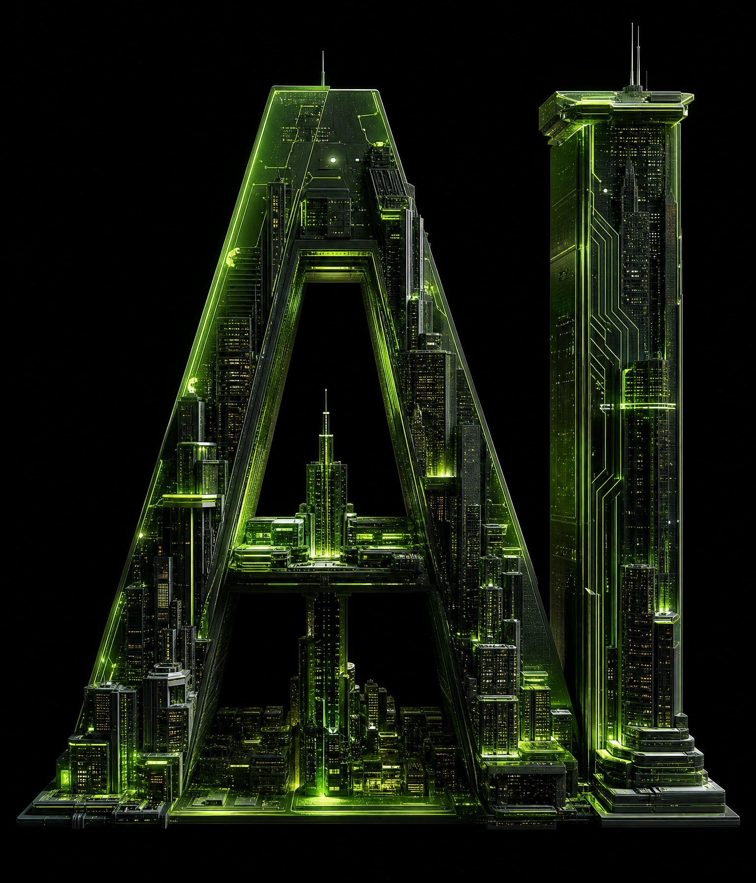 Ilustración tecnológica del monograma AI con una ciudad iluminada en verde